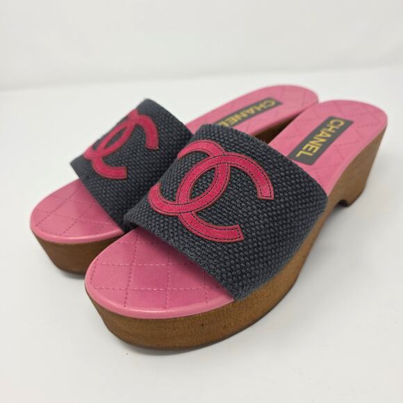 Chanel CC Logo Platform Slides Mules Pink Navy Blue Canvas Sandals IT 39 US 8.5 - Picture 4 of 10